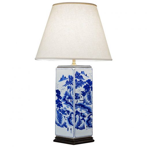 2743-Rectangular Chinese Blue and White Porcelain Lamp-email