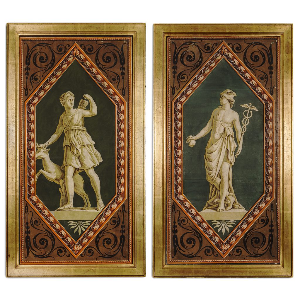Pair of French Hand Blocked Wallpaper Panels Depicting Greek Gods