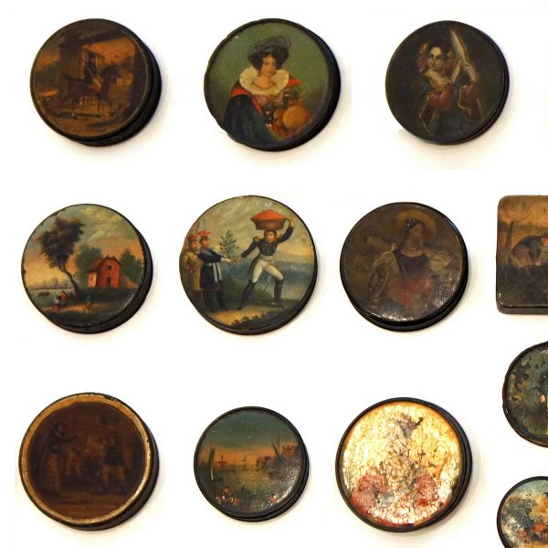 Set of 24 Painted Papier Mache and Metal Snuff Boxes