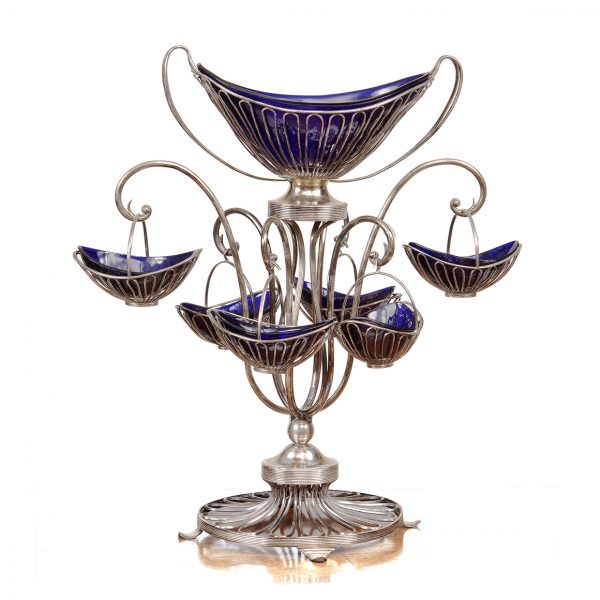 2651-Sheffield Silver Plate Wire and Bristol Glass Epergne Centerpiece email
