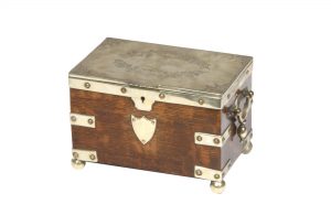 Early 19th Century Silver Bound Oak Tea Caddy with Engraved Top. With two internal compartments. Circa 1820.
