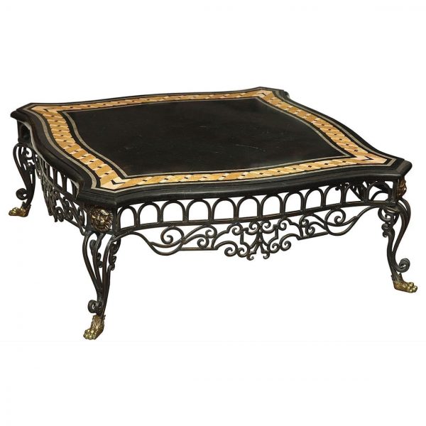 3107-Pietra Dura Marble Top Coffee Table on a Steel and Brass Base-email