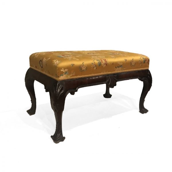 3113-18th Century Irish Upholstered Mahogany Bench Stool with Trifid Feet-email