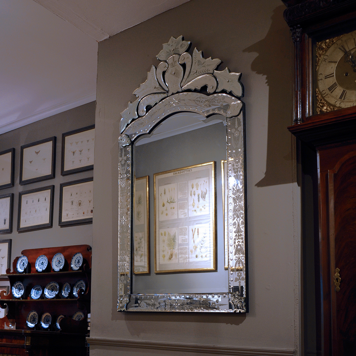 Mirror with Glazing Beads, Engraved Glass, Floral Decor and Wooden