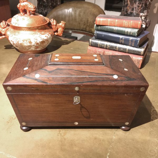 Early 19th Century Regency Mother of Pearl Inlaid Tea Caddy of Sarcophagus Form
