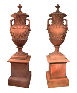 Pair of Early 19th Century Neoclassical Terracotta Urns and Lids on Plinth Bases