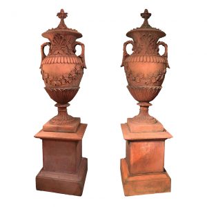 Pair of Early 19th Century Neoclassical Terracotta Urns and Lids on Plinth Bases