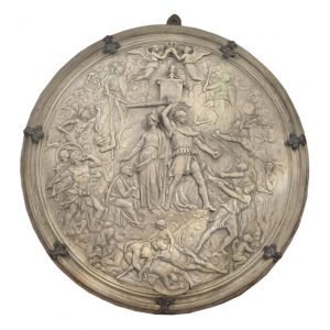 Carved Circular Marble Plaque Depicting Soldiers in Roman Dress