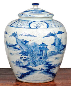 Large Chinese Late Qing Blue and White Porcelain Vase with Lid
