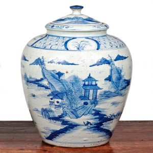 Large Chinese Late Qing Blue and White Porcelain Vase with Lid
