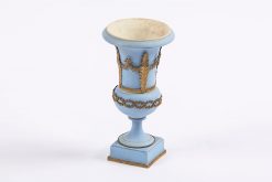 19th Century Neoclassical blue decorative vase of campana form, on square plinth with applied ormolu decoration, stamped Wedgwood, England. Josiah Wedgwood and Son, Etruria Staffordshire.