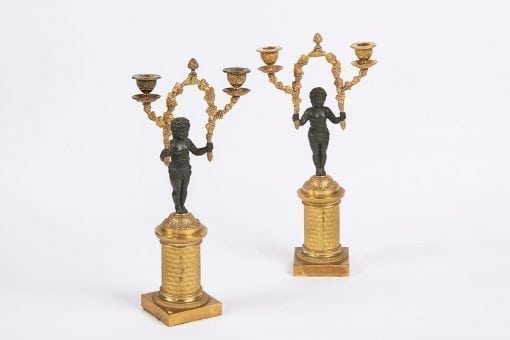 7898 - Early 19th Century Regency Pair of Figural Bronze and Ormolu Two Branch Candelabra