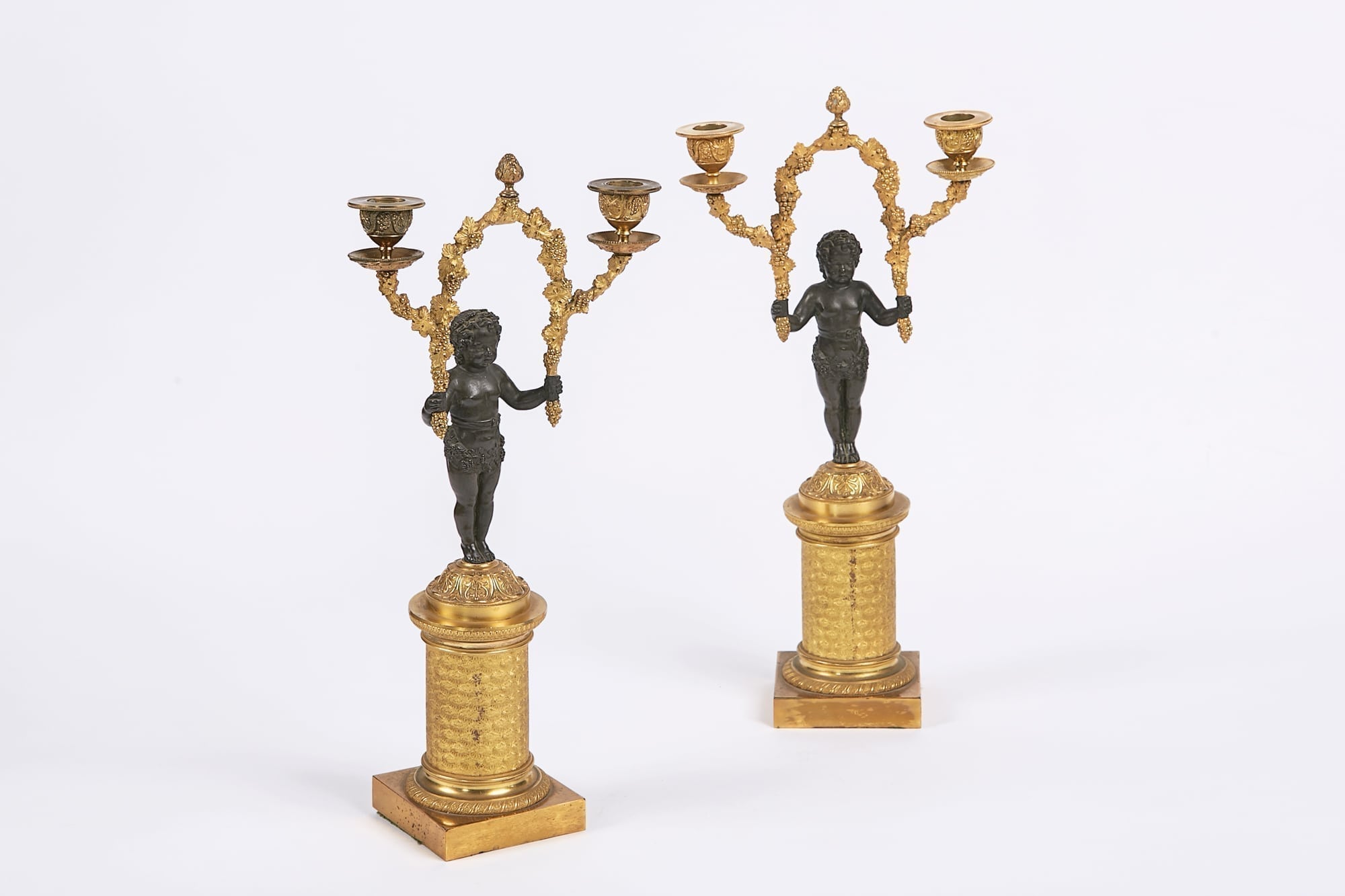 7898 - Early 19th Century English Regency Pair of Figural Bronze and Ormolu Two Branch Candelabra