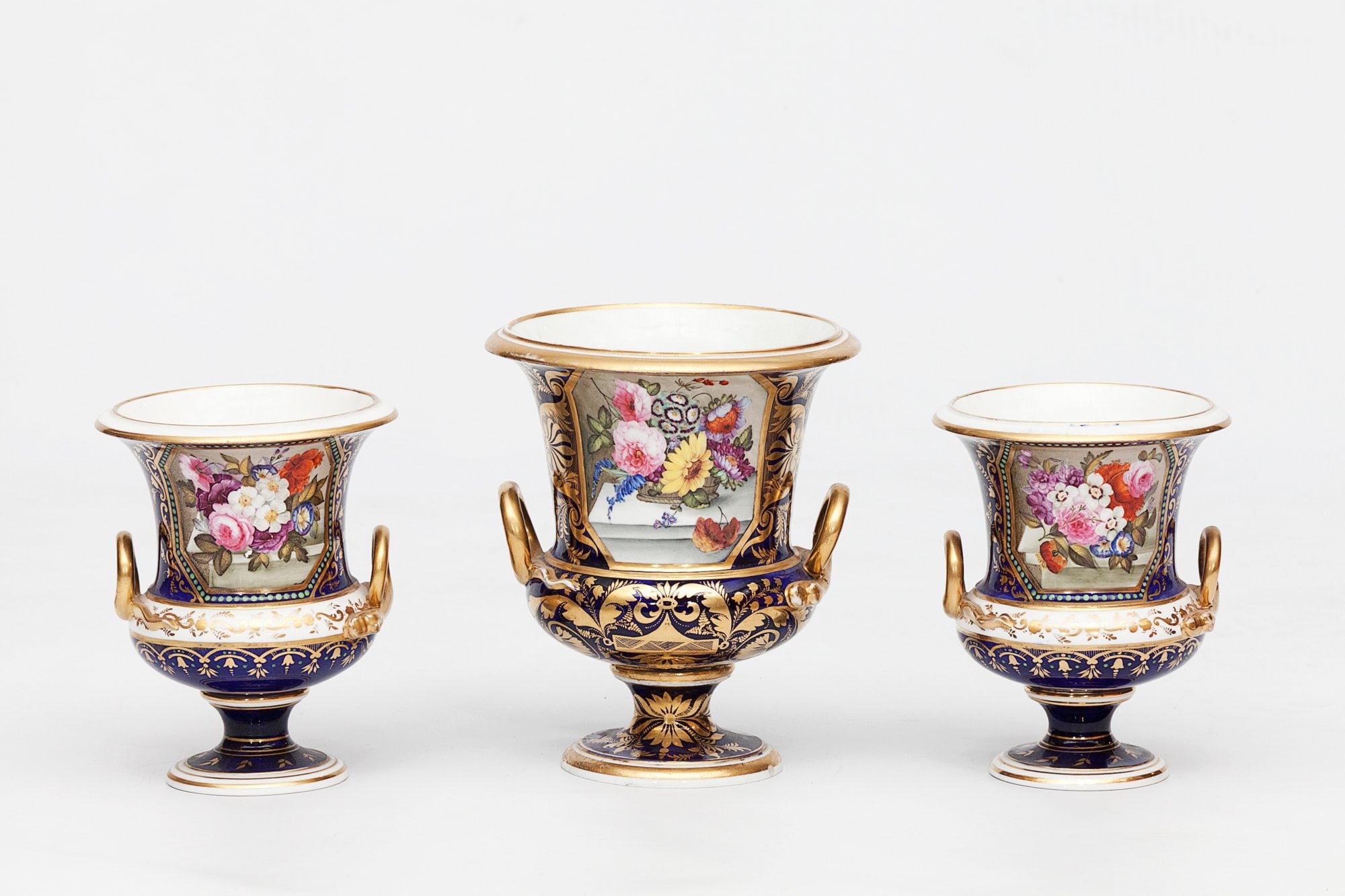 Early 19th Century Crown Derby Porcelain Trio of Twin Handled Vases