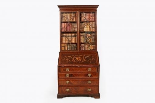 19th Century Mahogany Inlaid Slope Front Secretaire Bookcase
