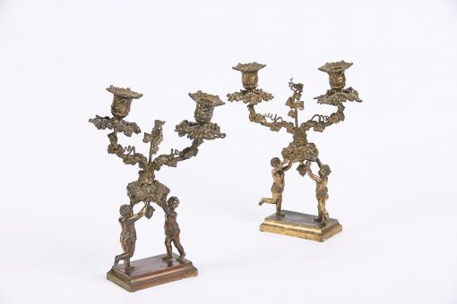 9358 - Early 19th Century Neoclassical Pair of Figural Bronze Two Branch Candelabra