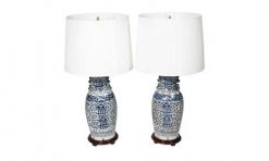 8125 - Mid 20th Century Chinese Pair of Blue and White Porcelain Lamps