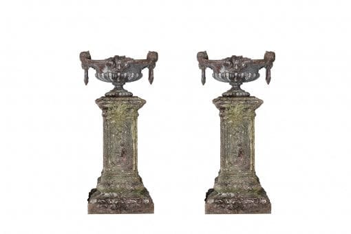 10635 - 19th Century Pair of Cast Iron Garden Urns On Plinths
