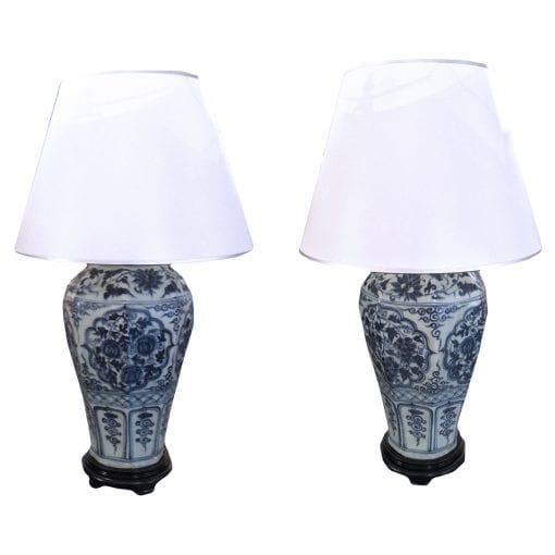 3071-Pair of Chinese Blue and White Meiping Vases, Wired as Lamps