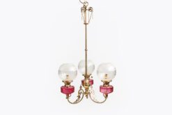 11350 - 19th Century Three-Branch Brass and Ruby Glass Oil Chandelier
